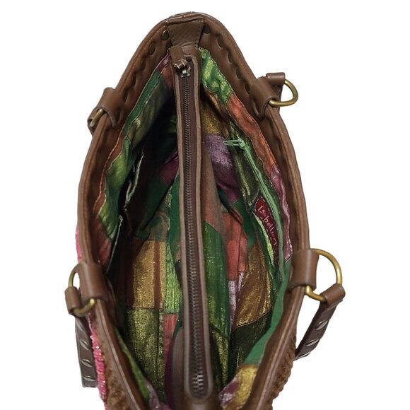 Isabelle Fiore Beaded Woven Shoulder Bag Brown Flower Rivets Pink Yellow - Picture 7 of 10